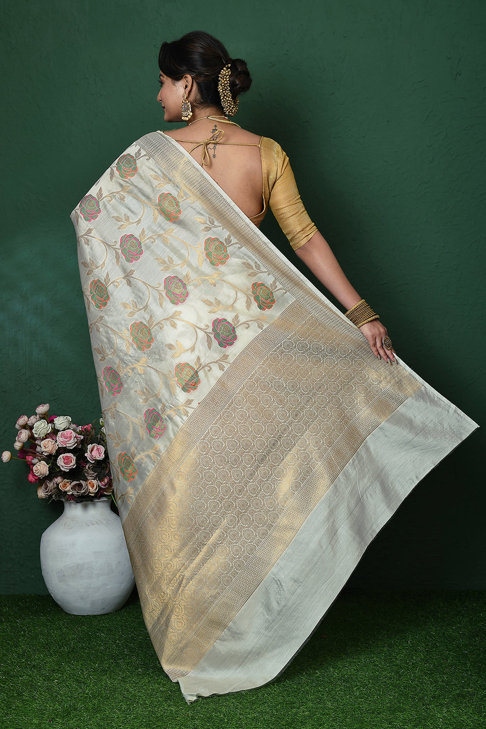 Off White Banarasi Silk Saree