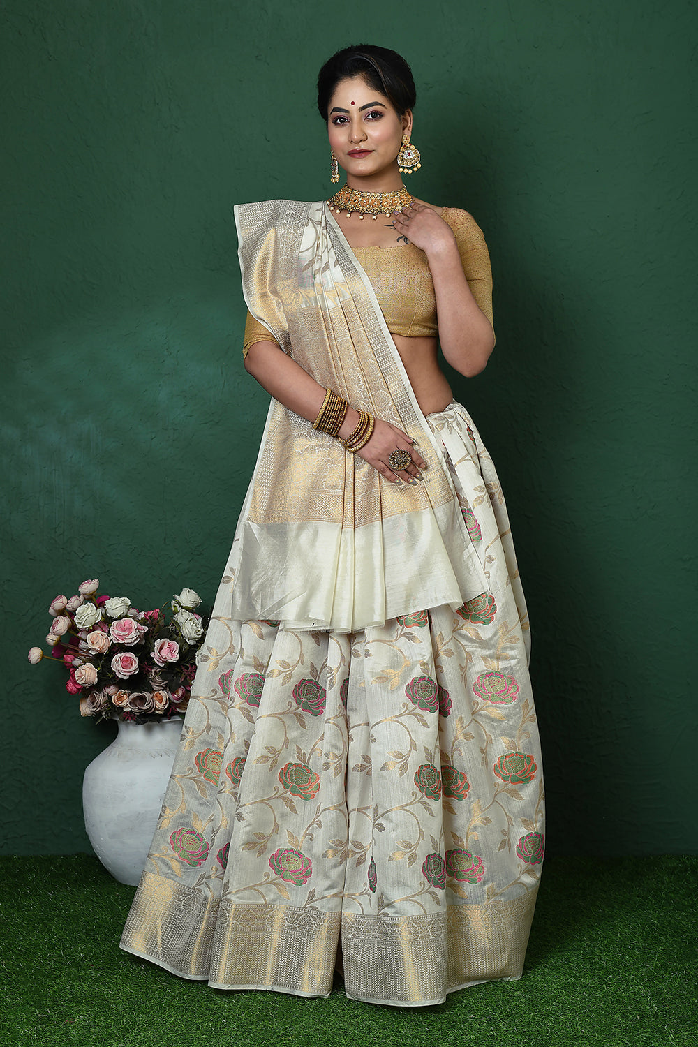 Off White Banarasi Silk Saree