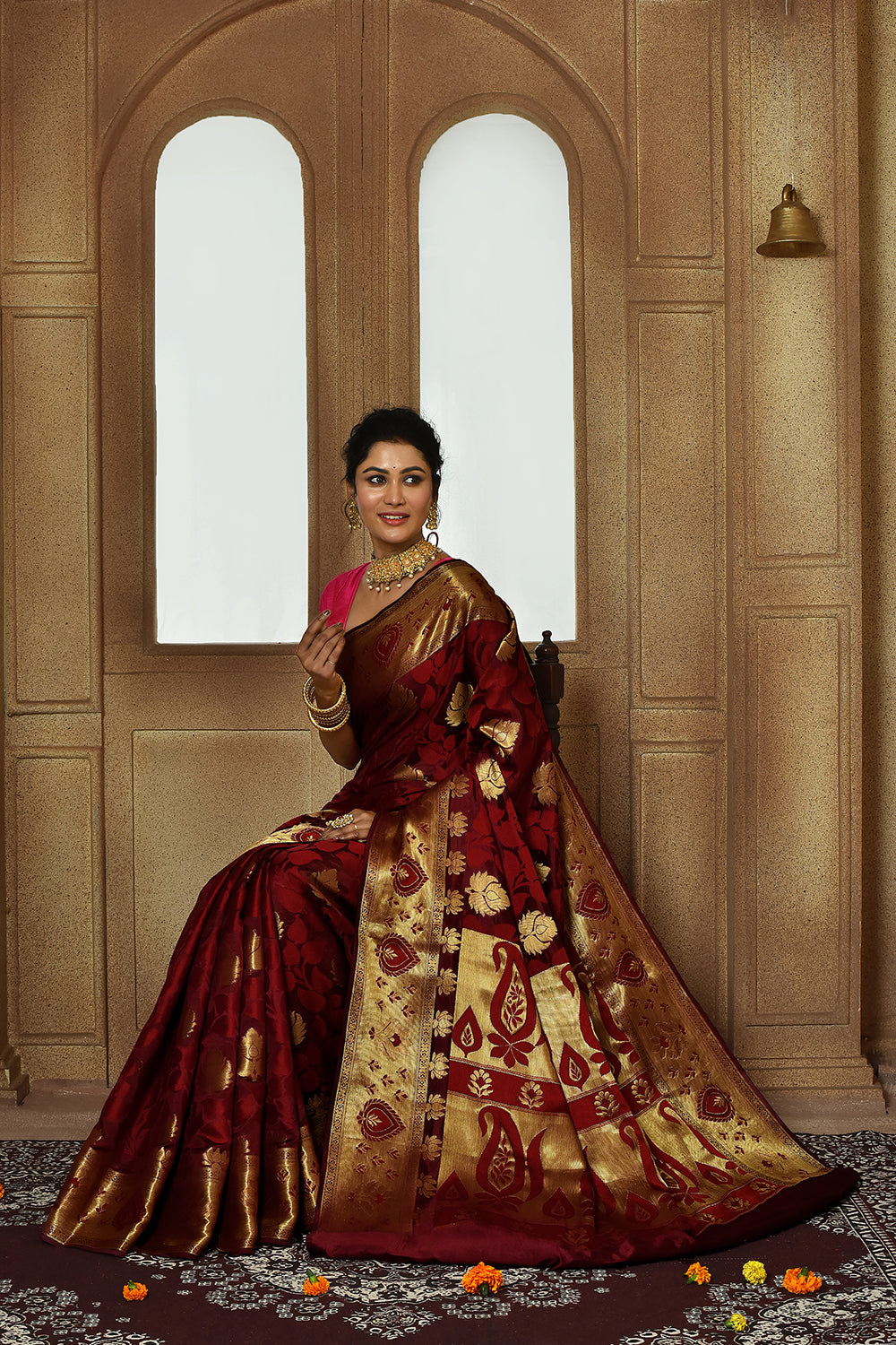 Wine Banarasi Silk Saree
