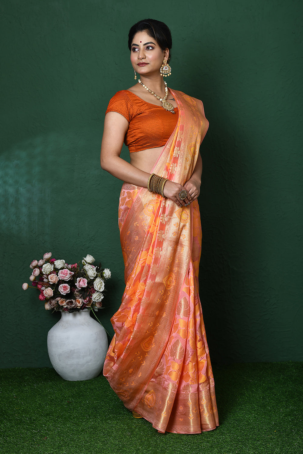 Peach Banarasi Silk Saree
