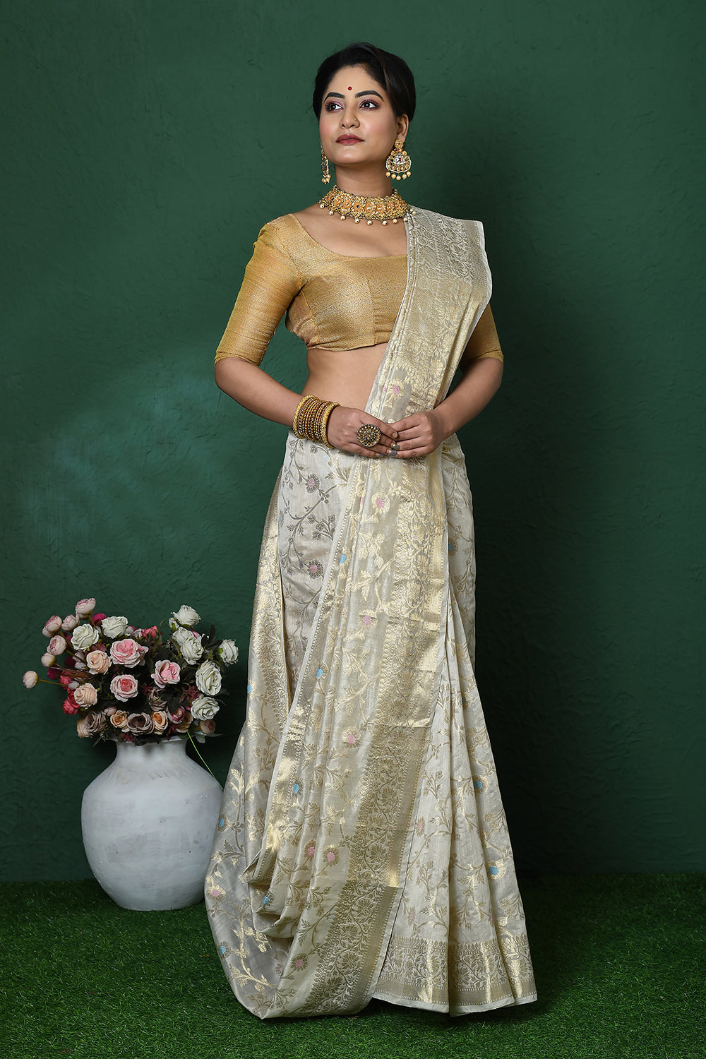 Off White Banarasi Silk Saree