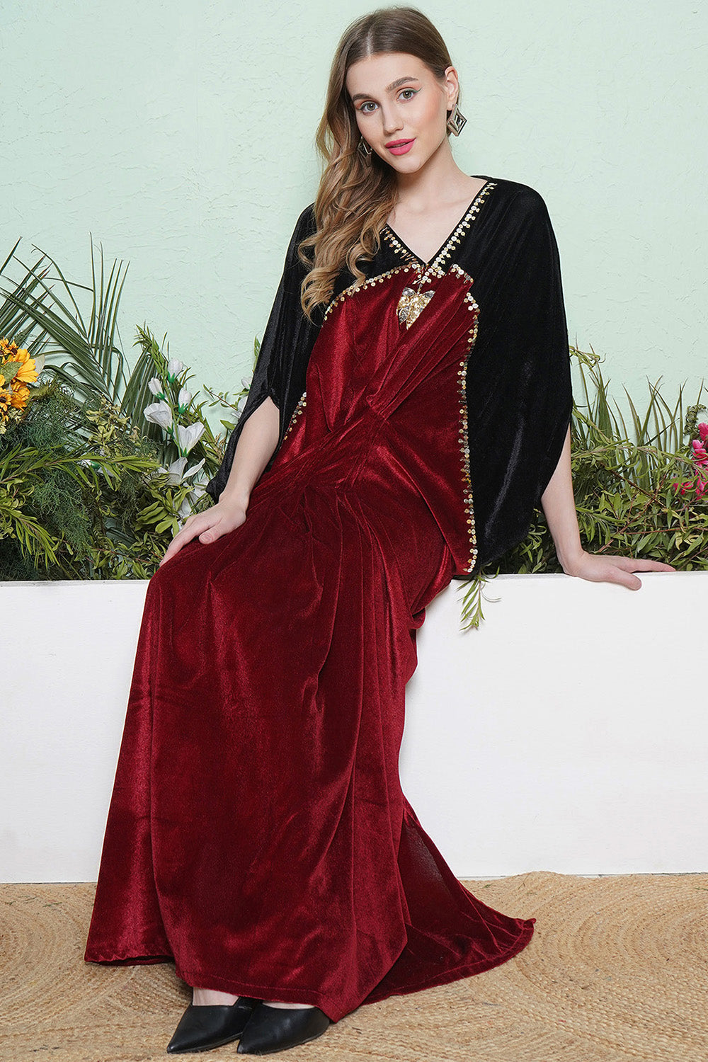 Black And Maroon Hand Embellished Gown