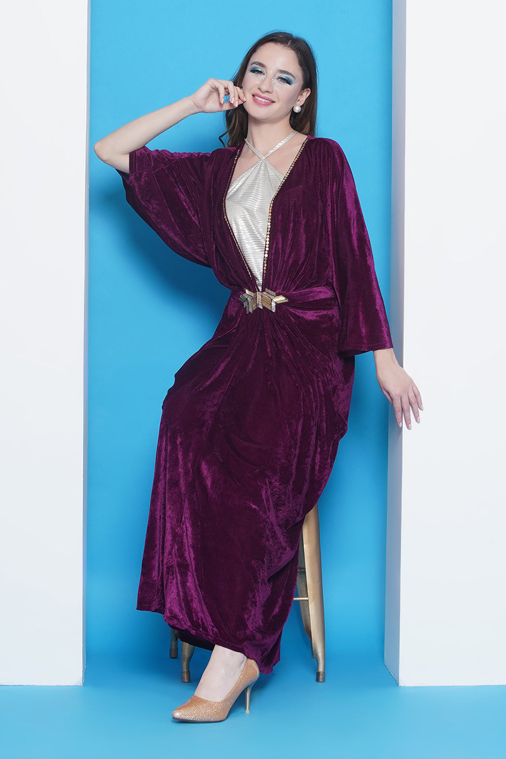 Wine Velvet Gown With Silver Halter Neck Ineer