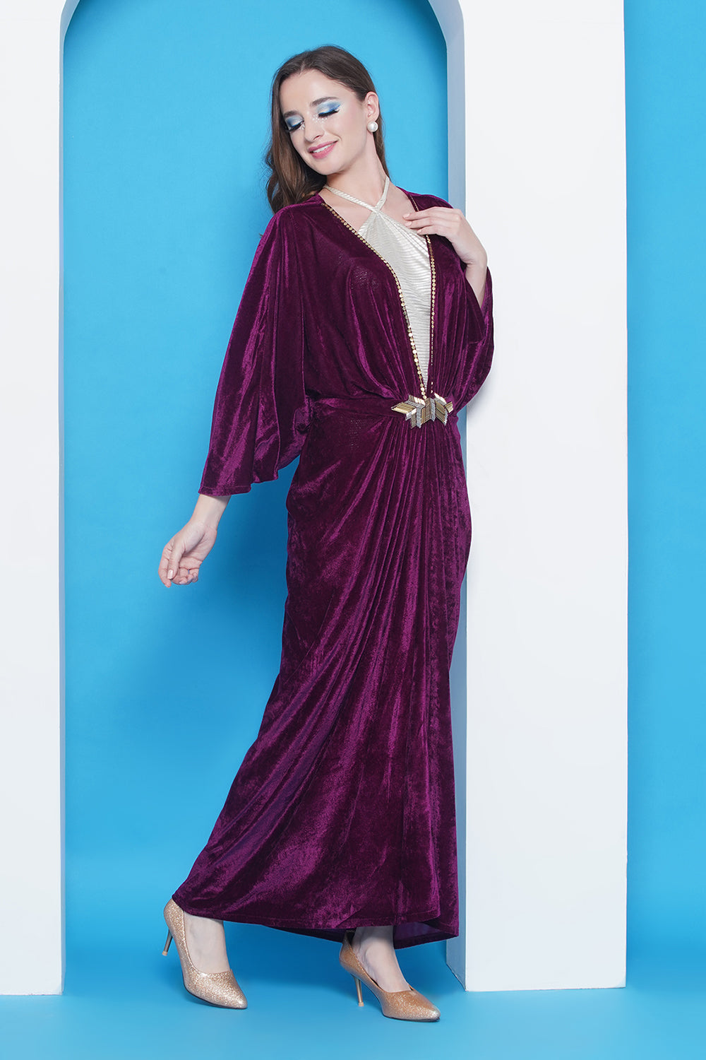 Wine Velvet Gown With Silver Halter Neck Ineer