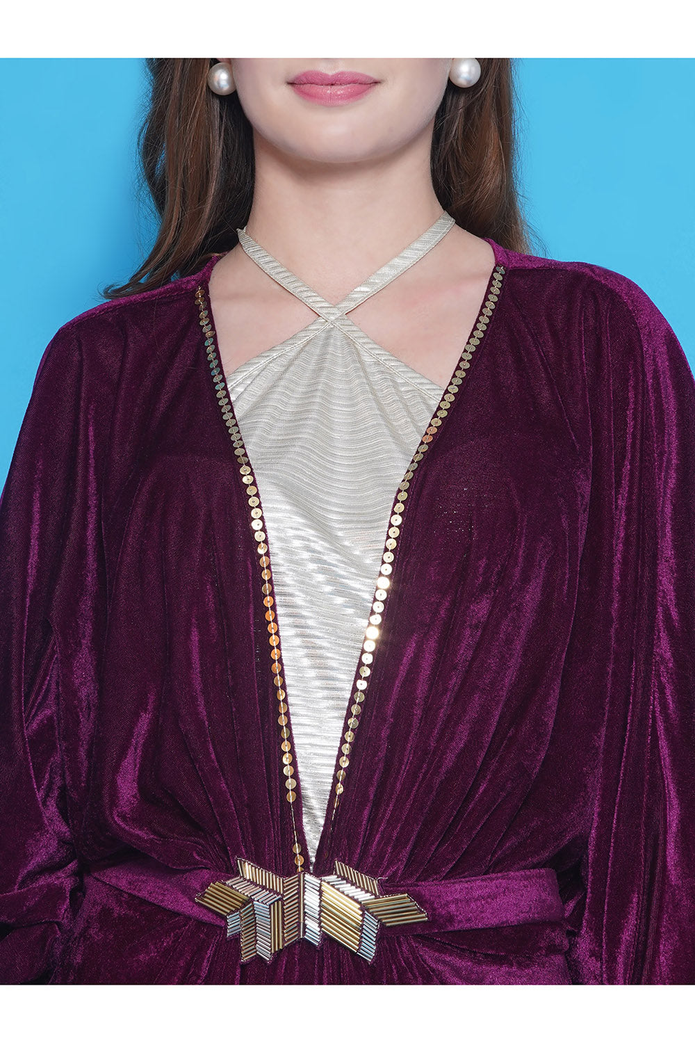 Wine Velvet Gown With Silver Halter Neck Ineer