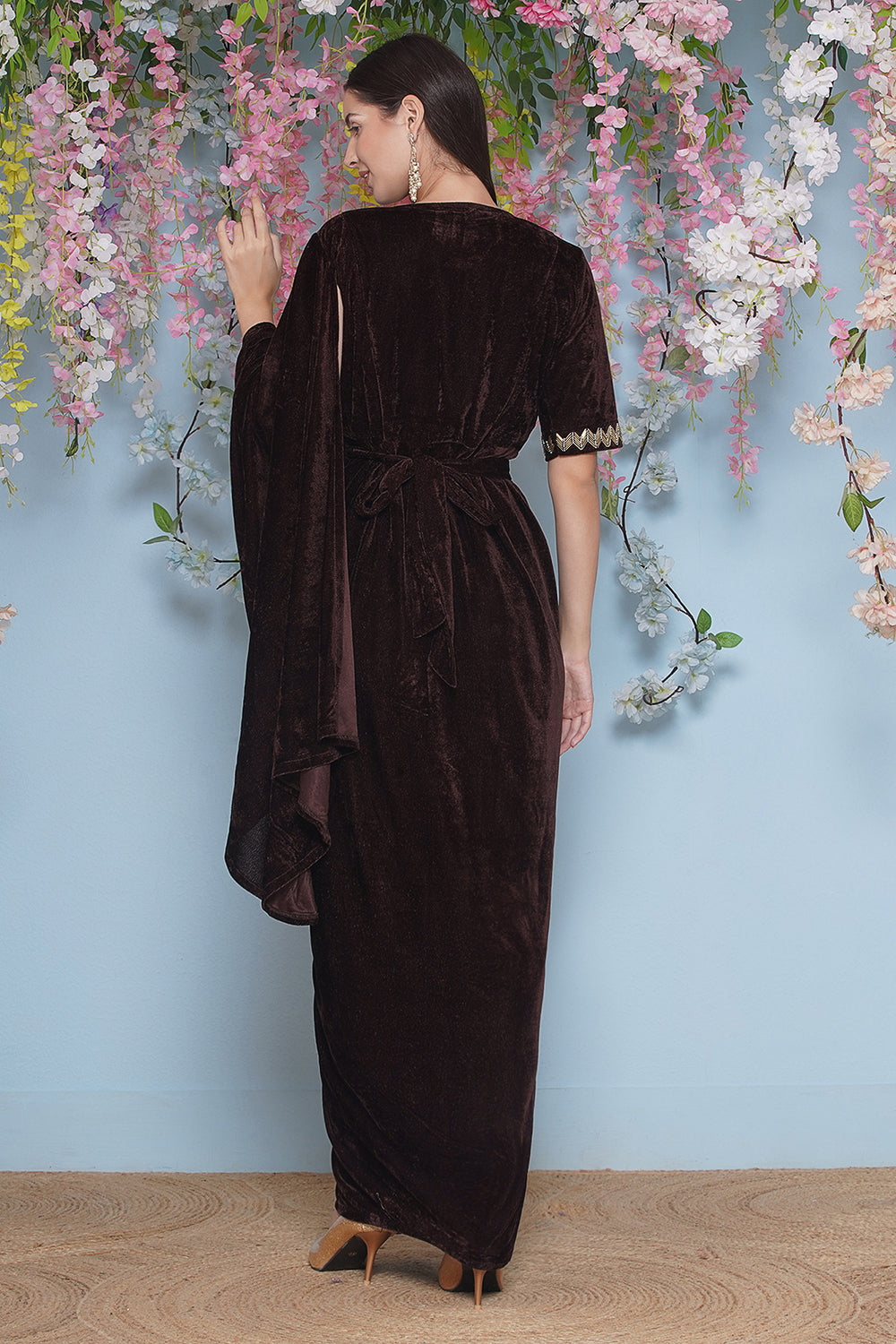 Brown Hand Embellished Gown With Drape and Belt