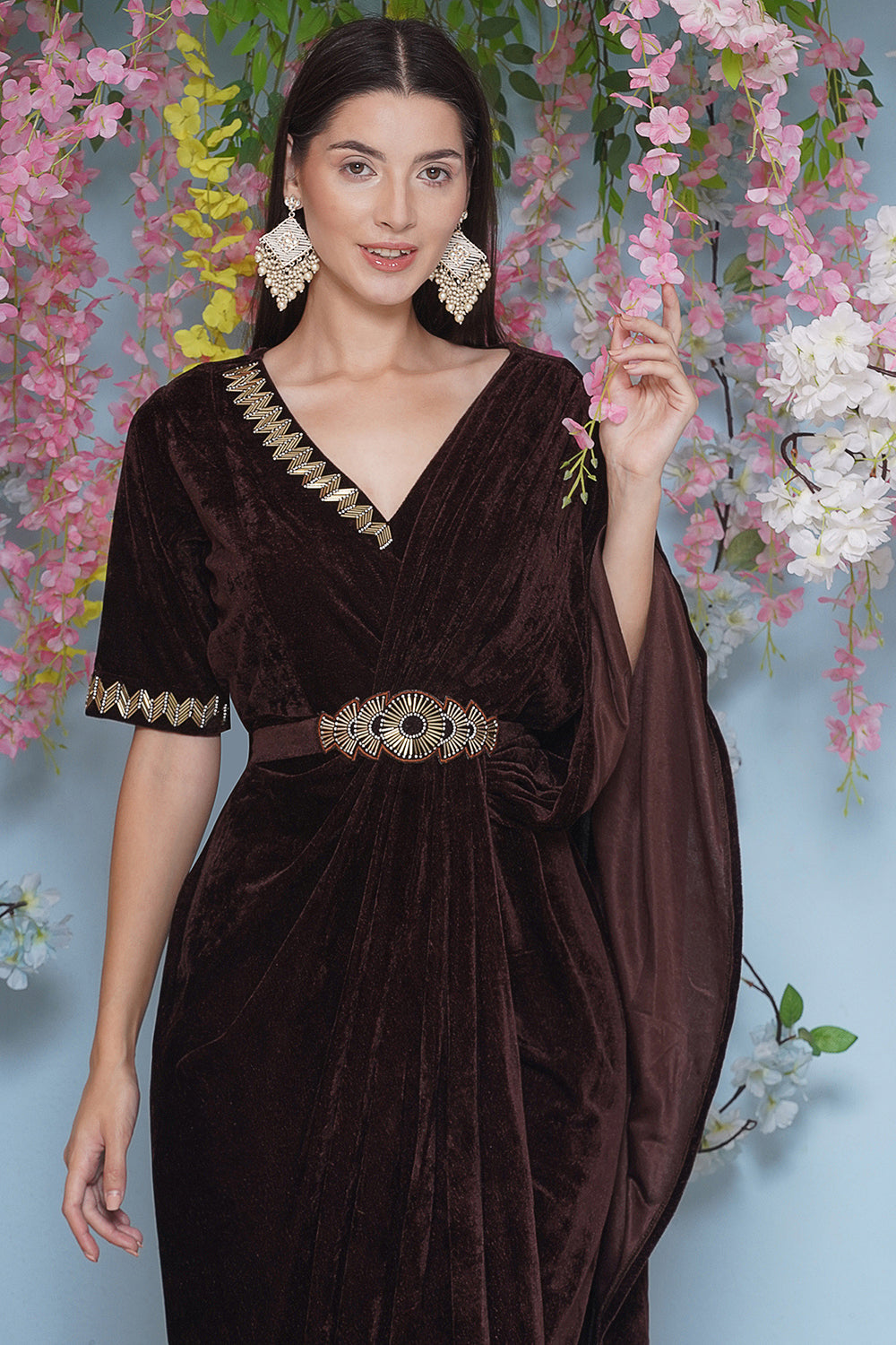 Brown Hand Embellished Gown With Drape and Belt