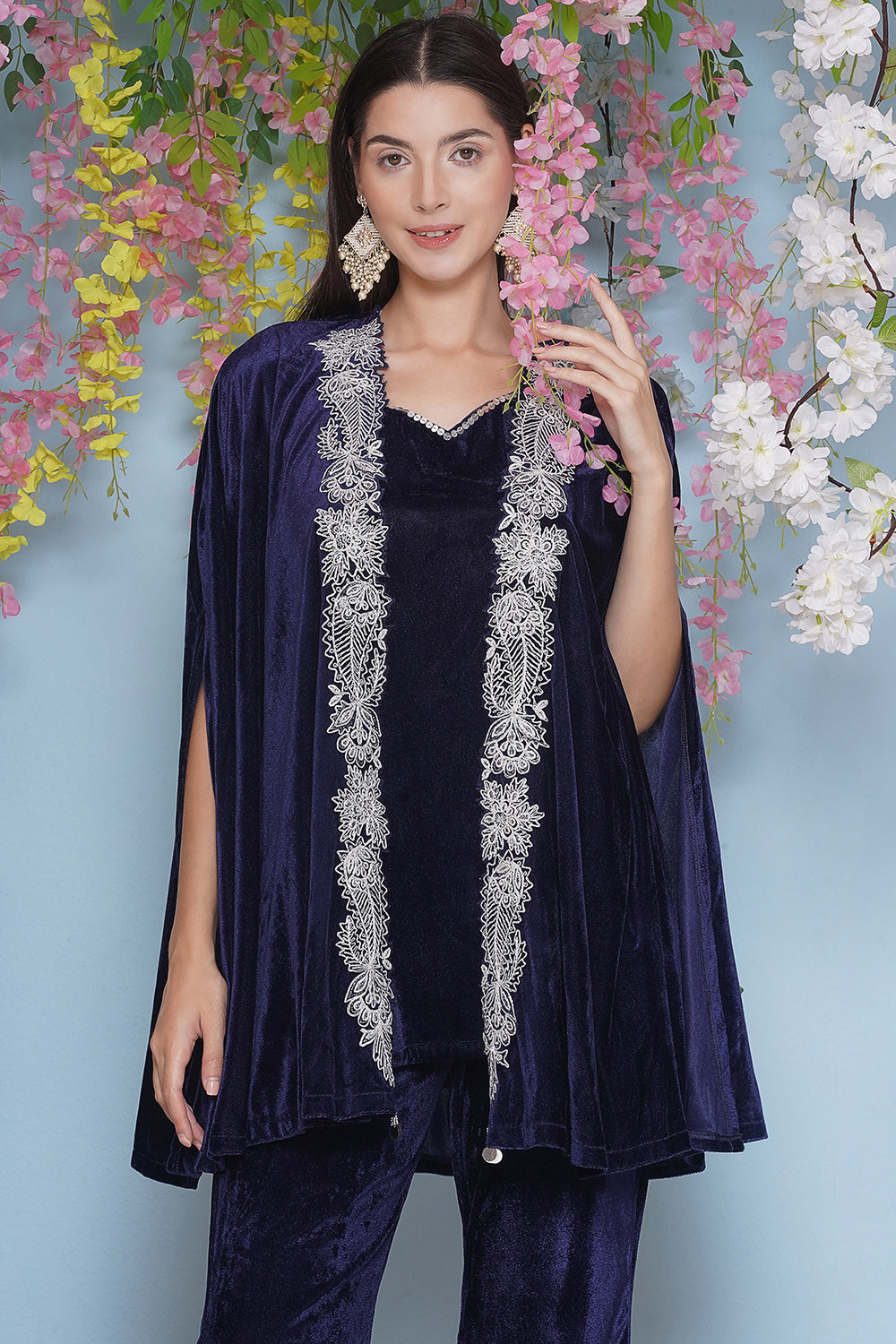 Navy Blue Velvet Cape Set