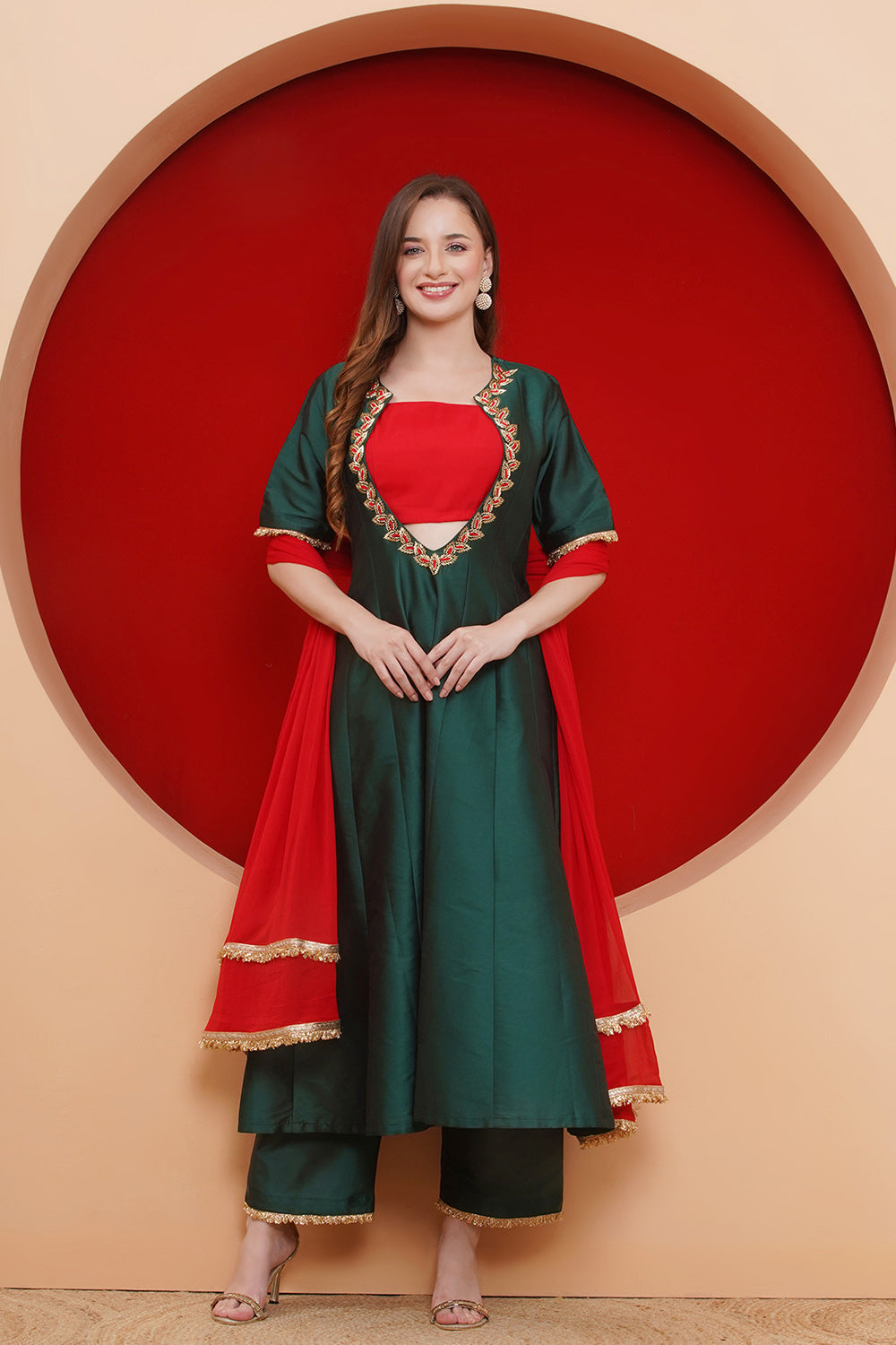 Green Tafta Anarkali Suit