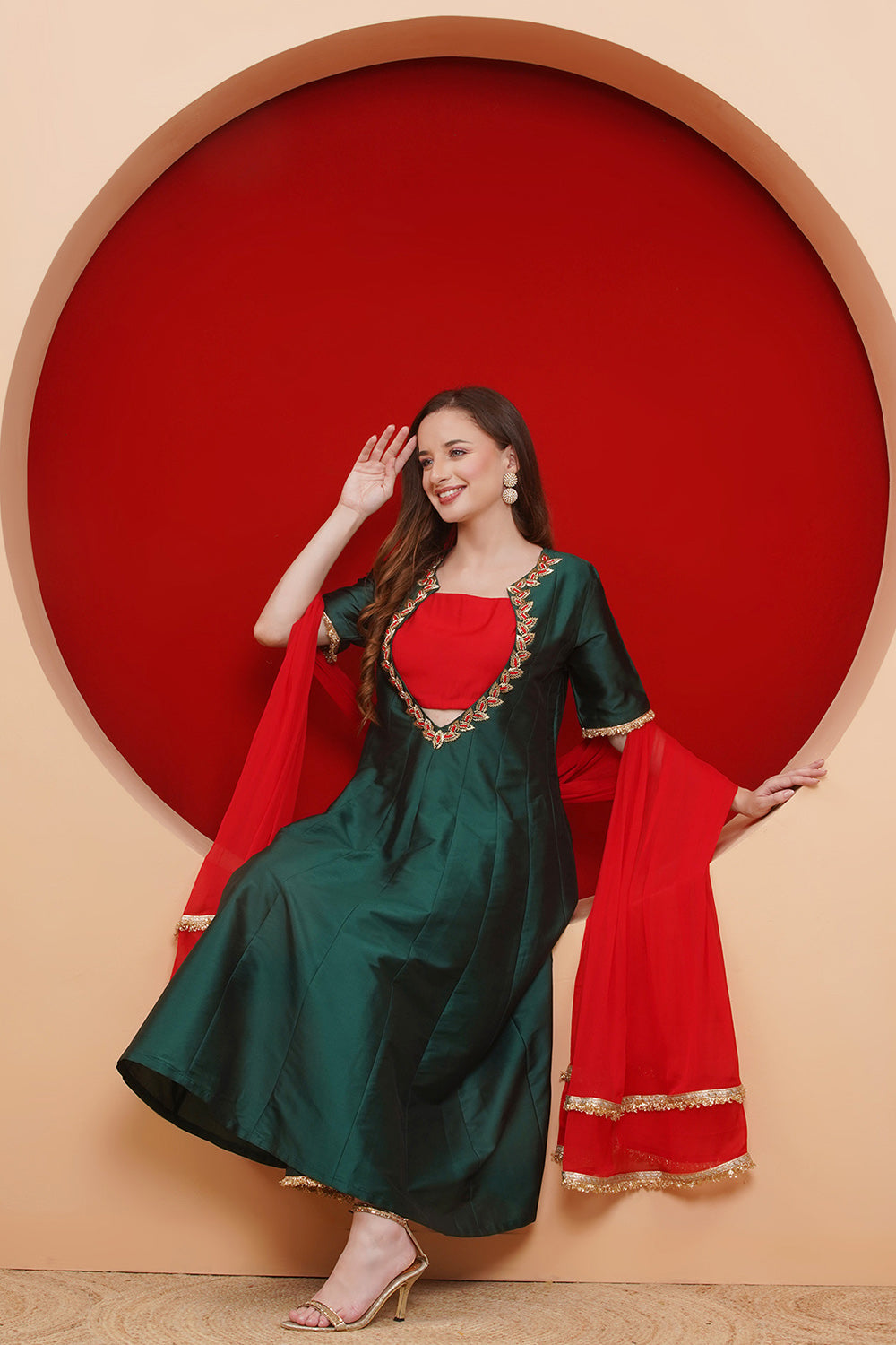 Green Tafta Anarkali Suit