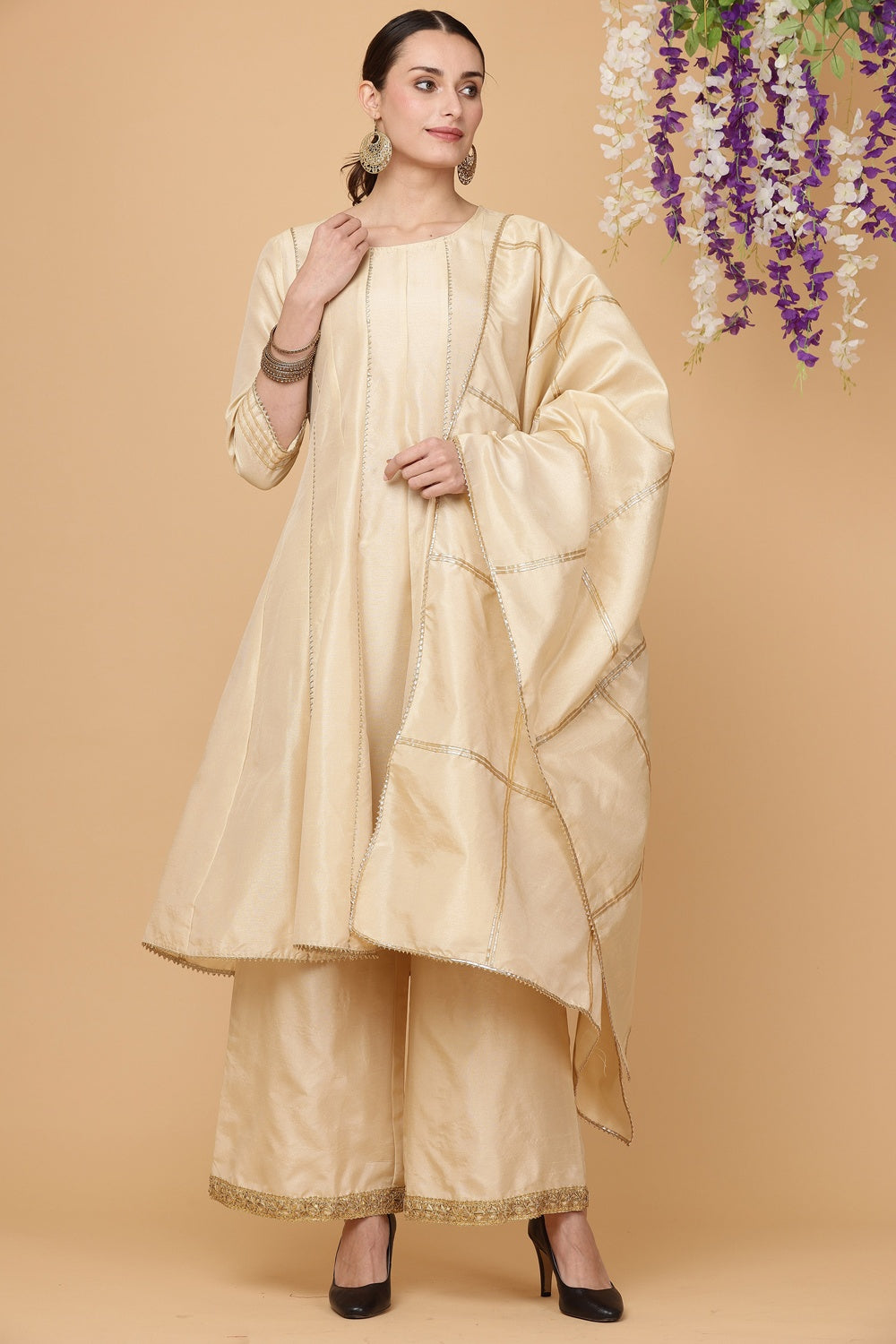 Lite Beige Silk Kurta Set With Gota Work
