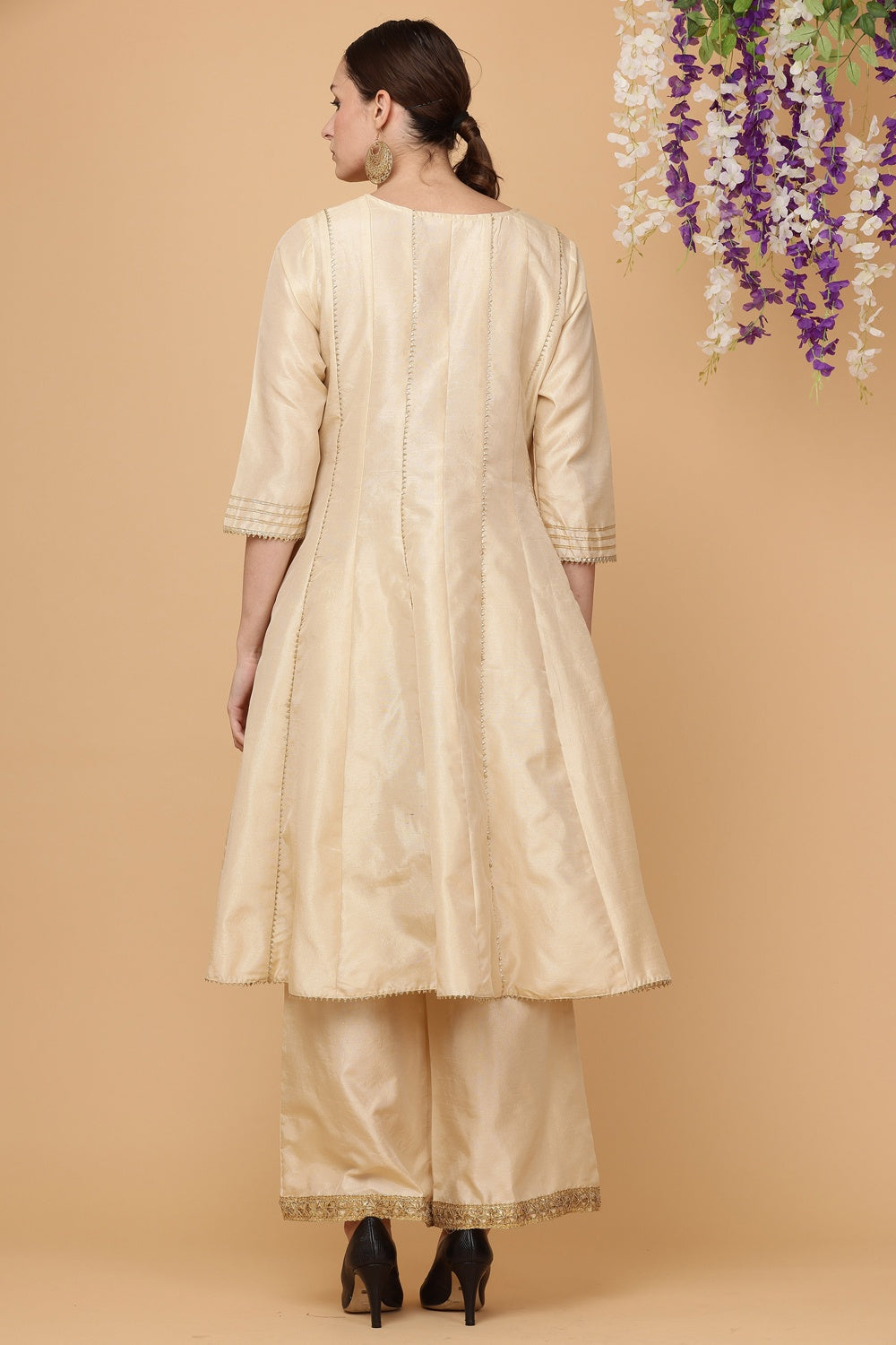 Lite Beige Silk Kurta Set With Gota Work