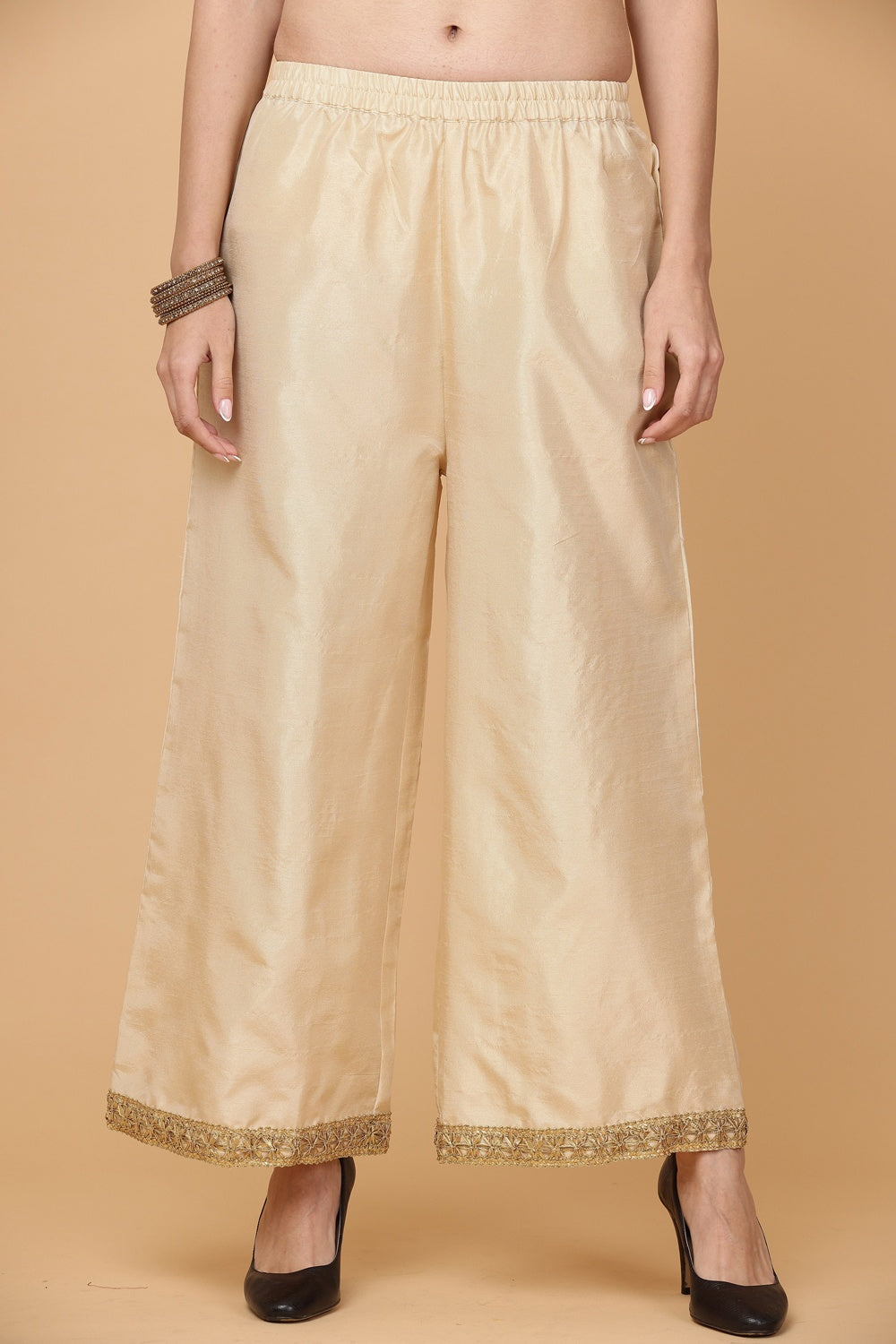 Lite Beige Silk Kurta Set With Gota Work