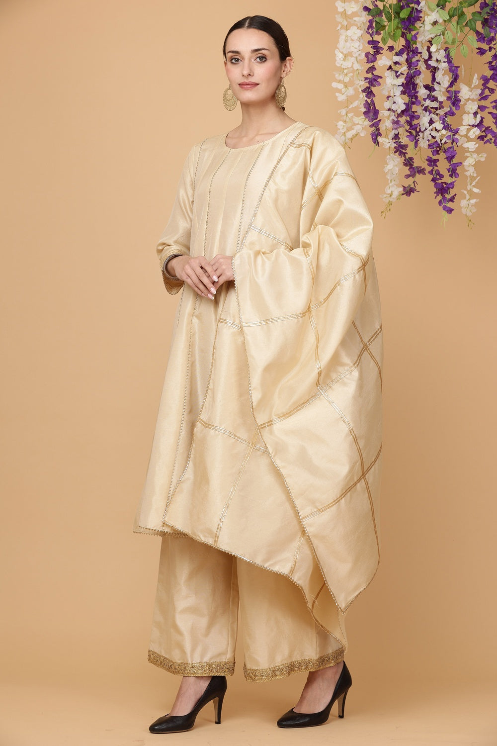 Lite Beige Silk Kurta Set With Gota Work