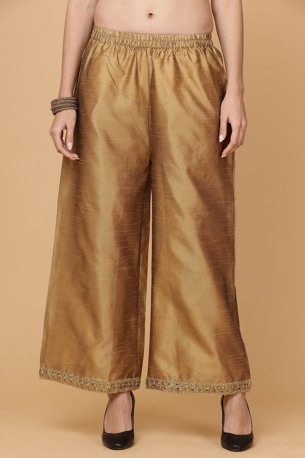 Dark Beige Silk Kurta Set With Gota Work