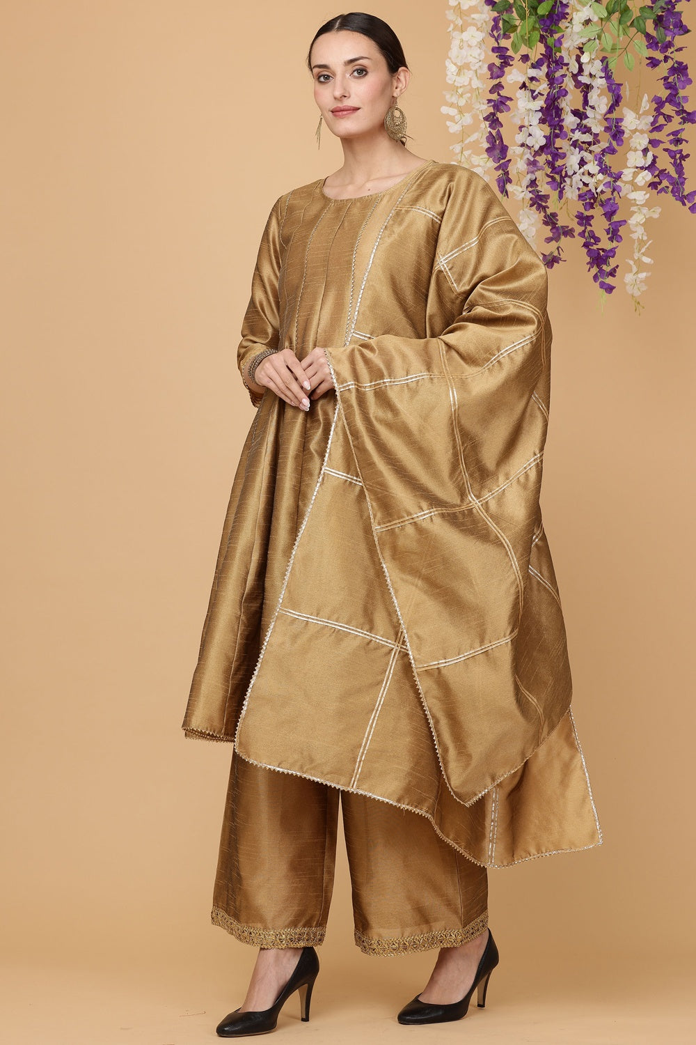 Dark Beige Silk Kurta Set With Gota Work