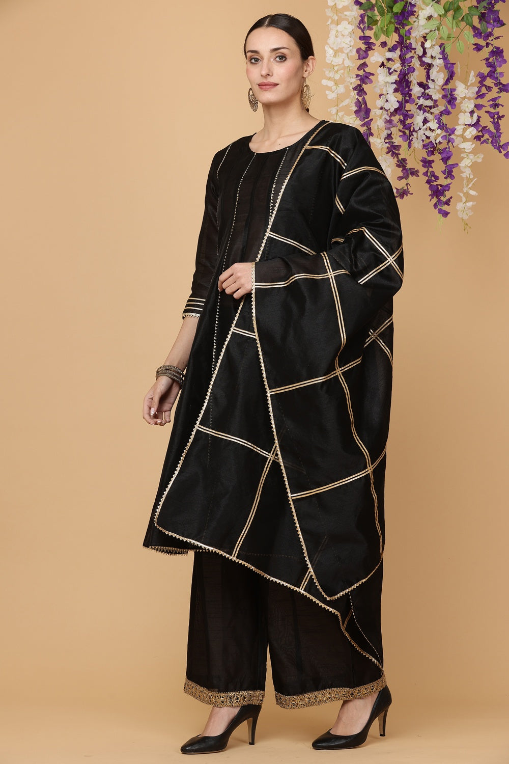 Black Silk Kurta Set With Gota Work