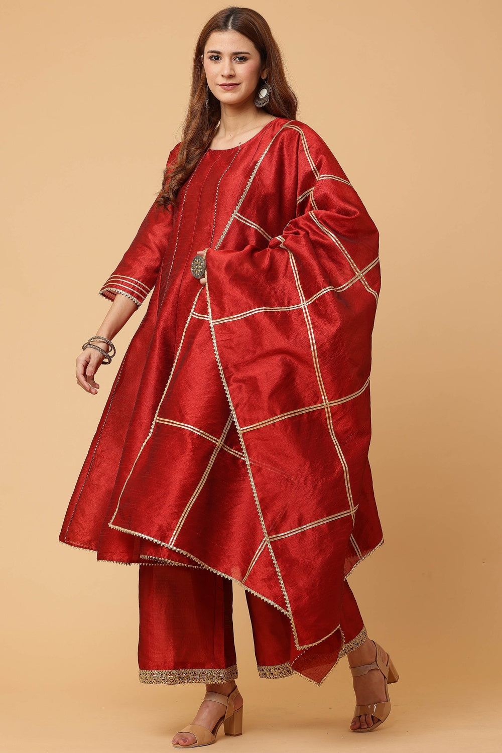 Maroon Silk Kurta Set With Gota Work
