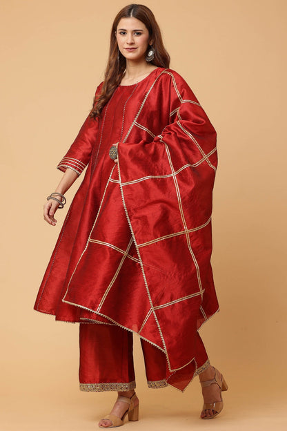 Maroon Silk Kurta Set With Gota Work