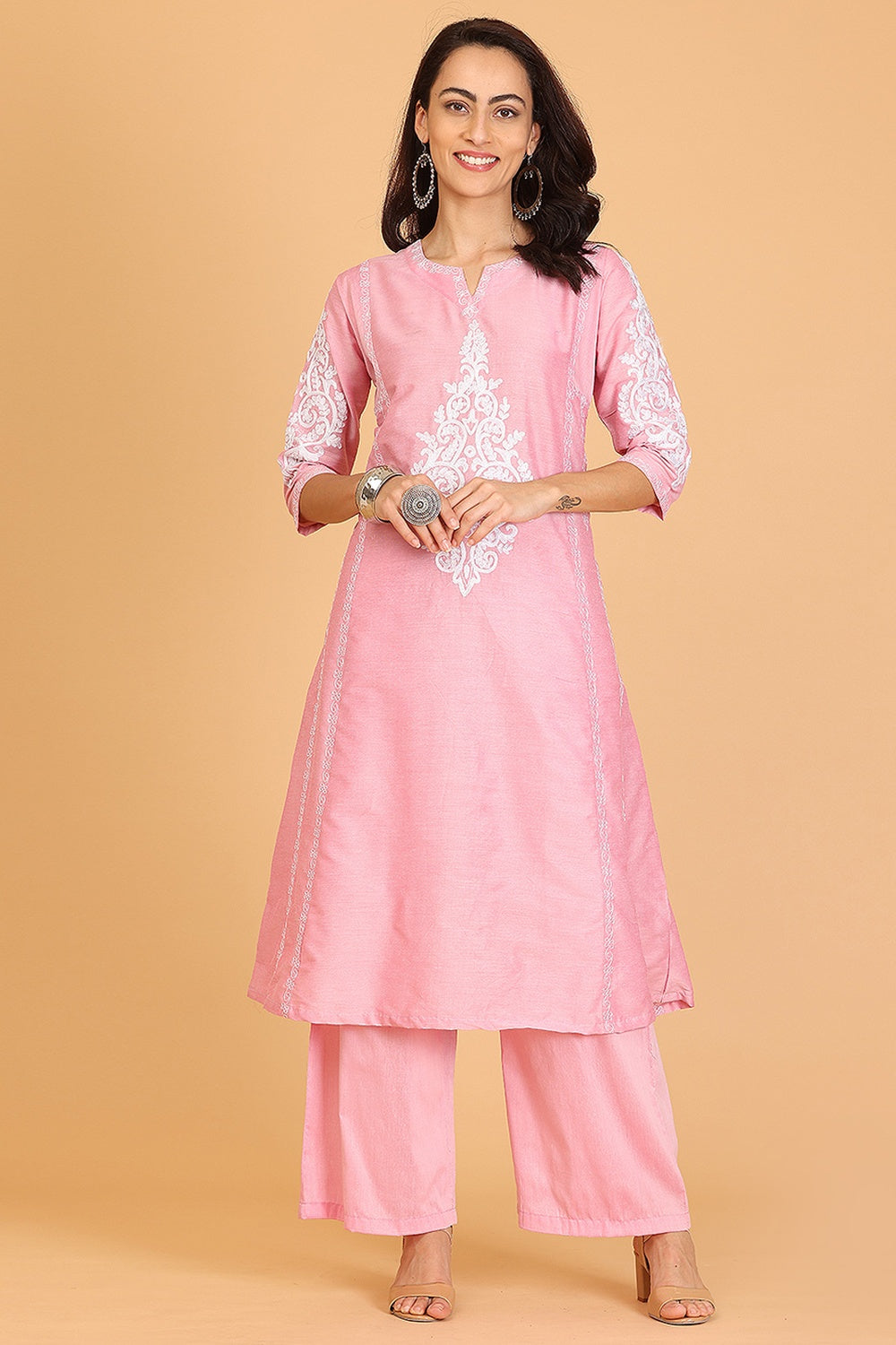 Pink Cotton Silk Kurta Set With Embroidery