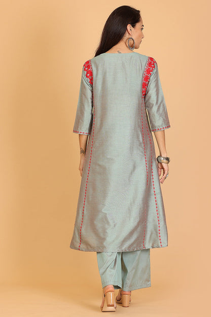 Green Cotton Silk Kurta Set With Embroidery