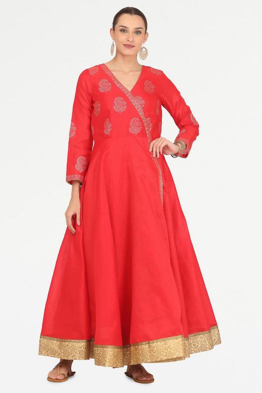 Red Silk Anarkali With Block Print