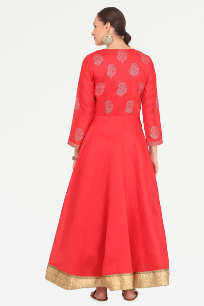 Red Silk Anarkali With Block Print