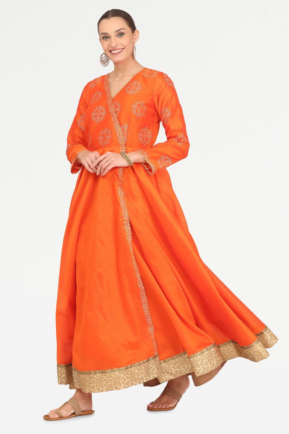 Orange Silk Anarkali With Block Print
