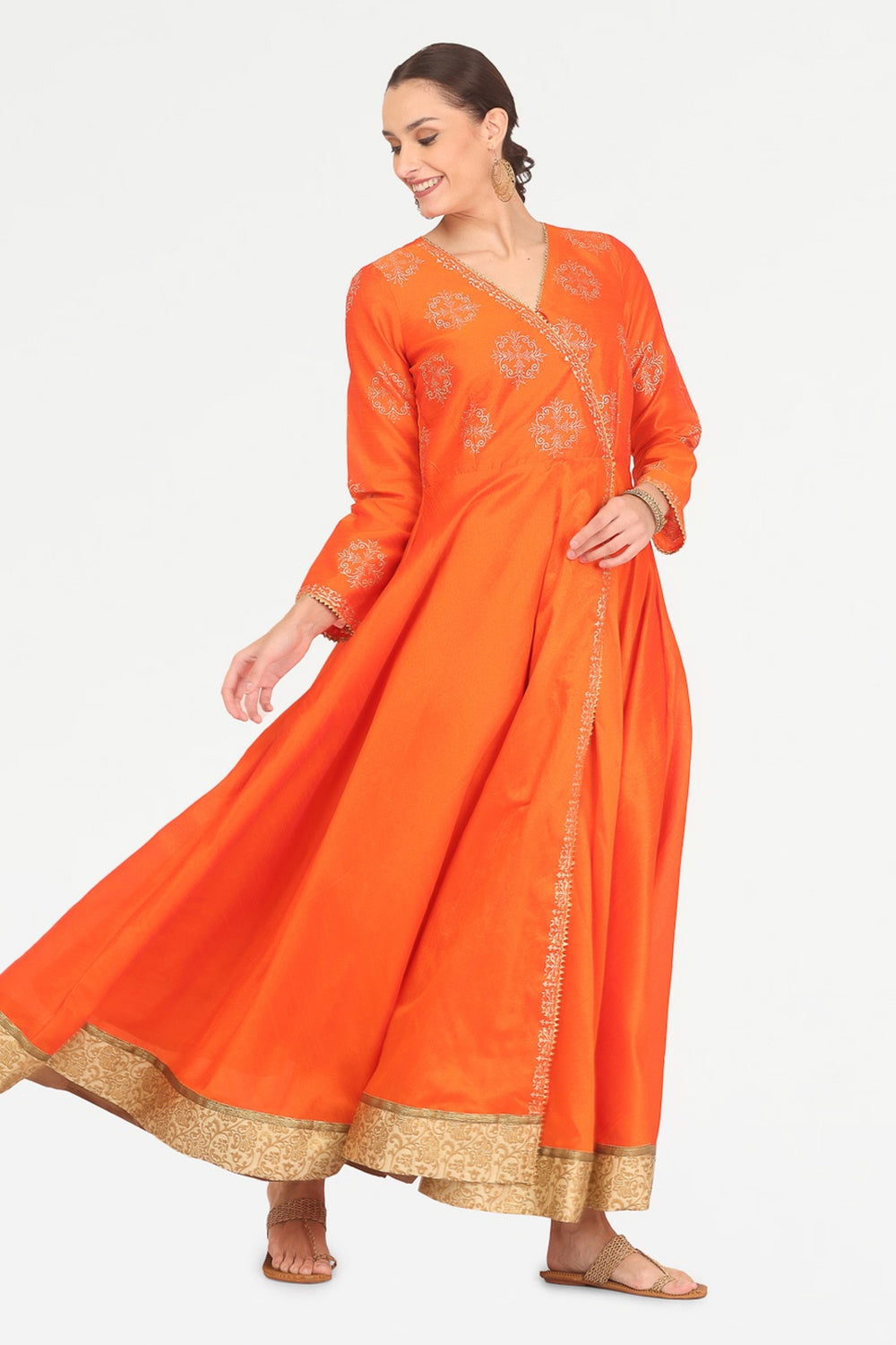 Orange Silk Anarkali With Block Print