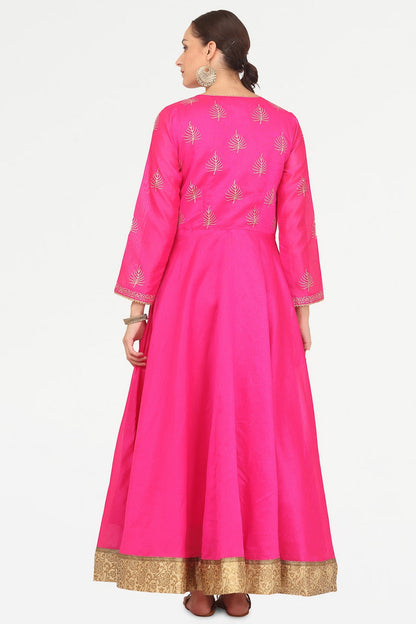 Pink Silk Anarkali With Block Print