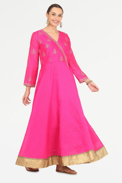 Pink Silk Anarkali With Block Print