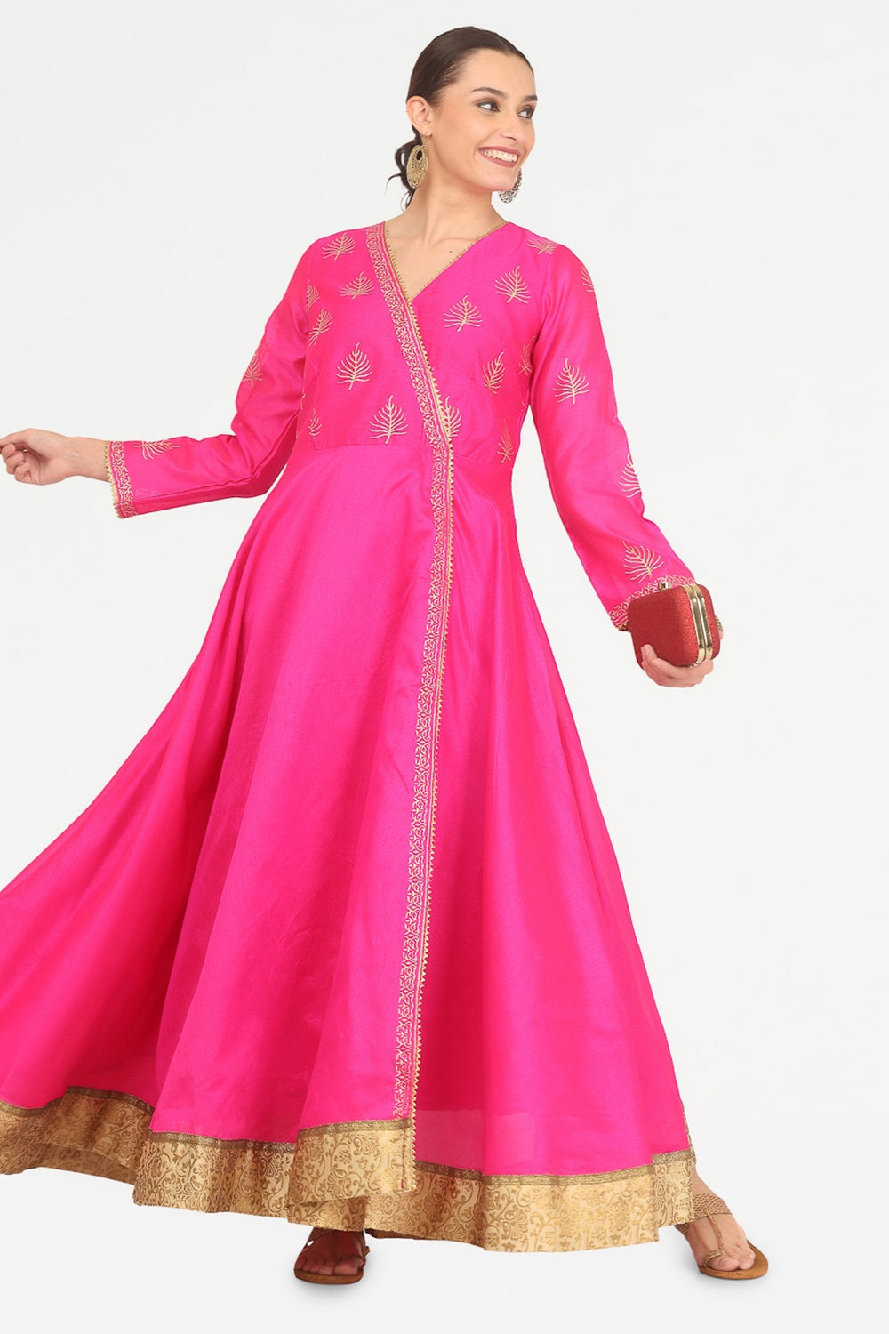 Pink Silk Anarkali With Block Print