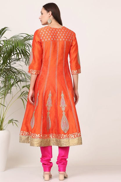 Orange Silk Kurta Set With Block Print