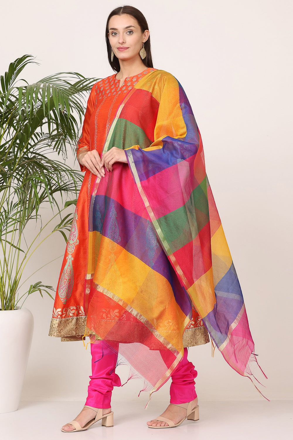 Orange Silk Kurta Set With Block Print