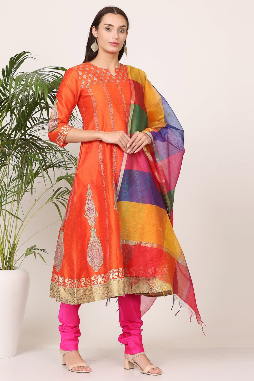 Orange Silk Kurta Set With Block Print