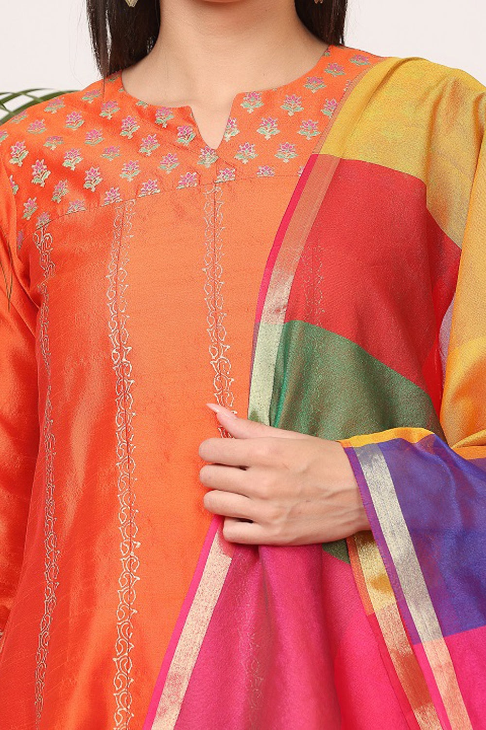 Orange Silk Kurta Set With Block Print
