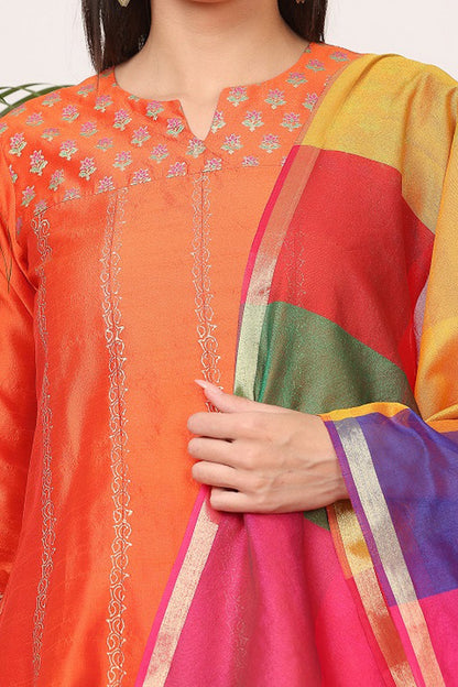 Orange Silk Kurta Set With Block Print