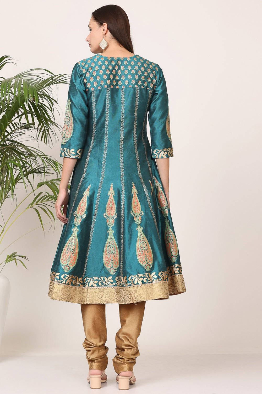 Teal Green Silk Kurta Set With Block Print