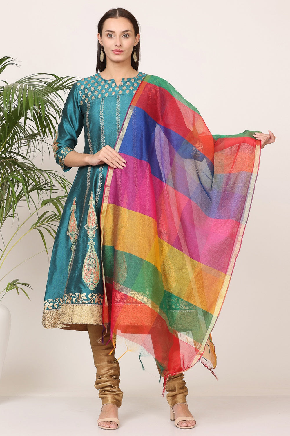 Teal Green Silk Kurta Set With Block Print