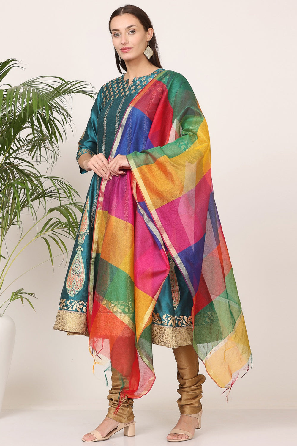 Teal Green Silk Kurta Set With Block Print