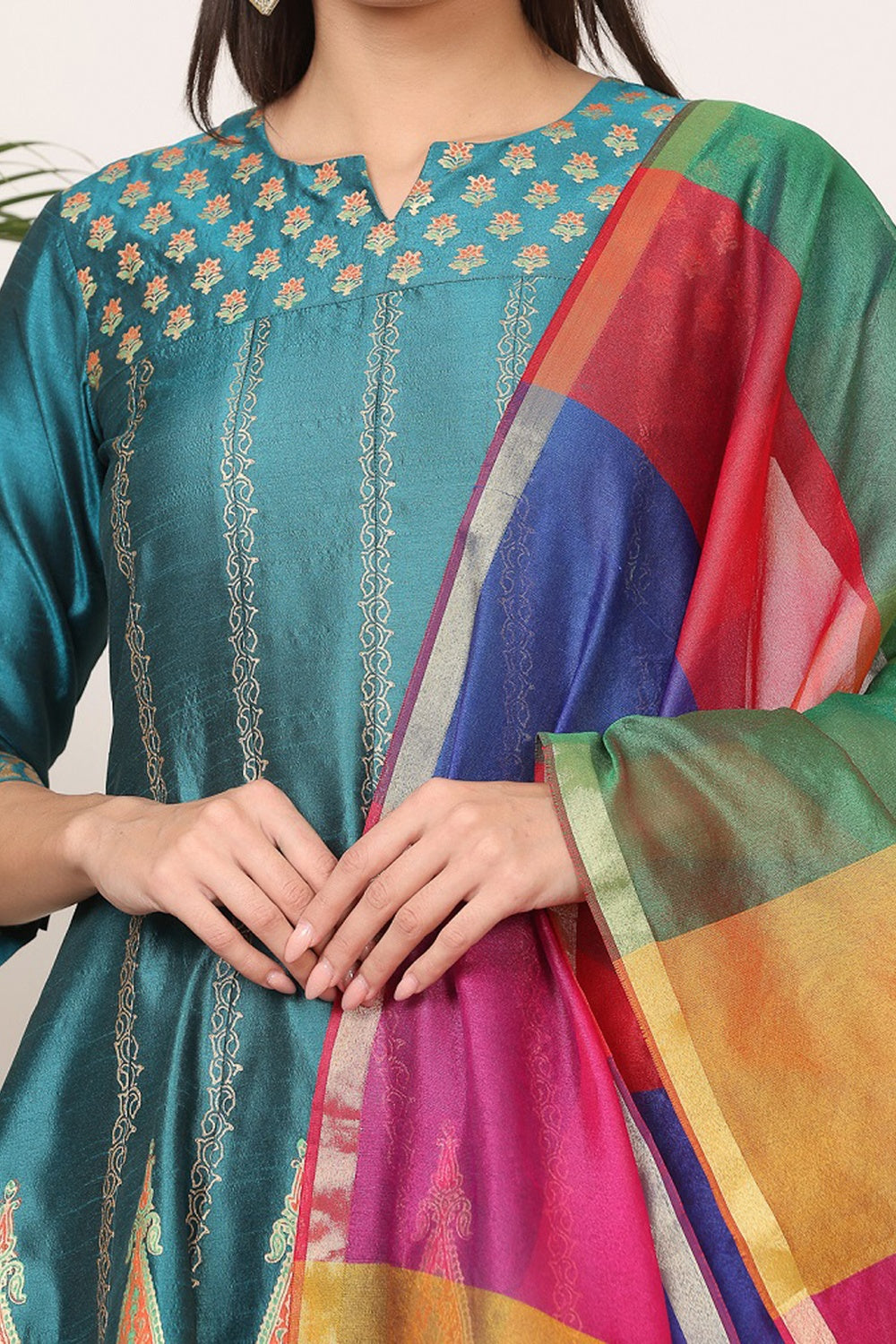 Teal Green Silk Kurta Set With Block Print