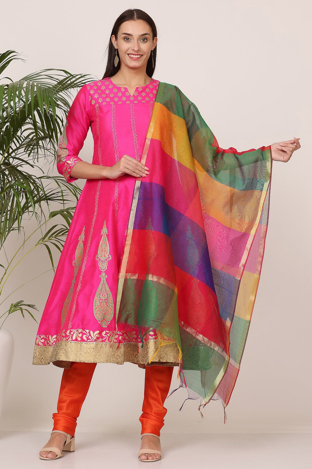 Pink Silk Kurta Set With Block Print