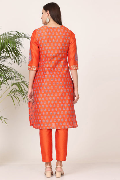 Orange Silk Kurta Set With Block Print