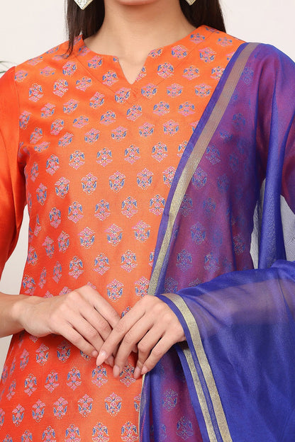 Orange Silk Kurta Set With Block Print