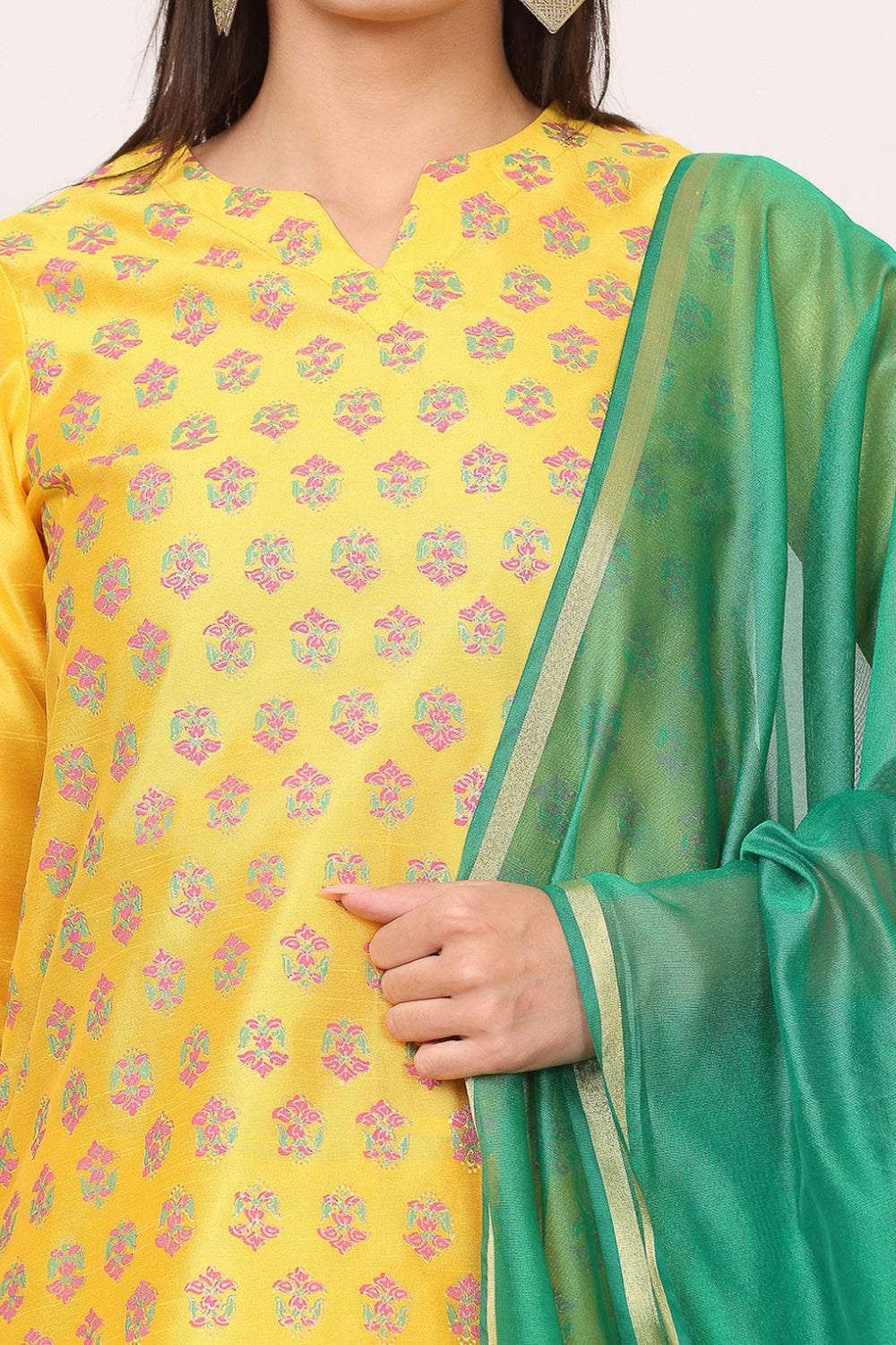 Yellow Silk Kurta Set With Block Print