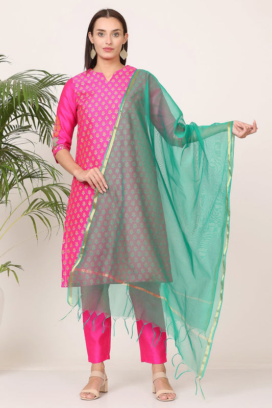 Pink Silk Kurta Set With Block Print