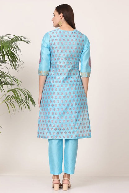 Turquoise Silk Kurta Set With Block Print