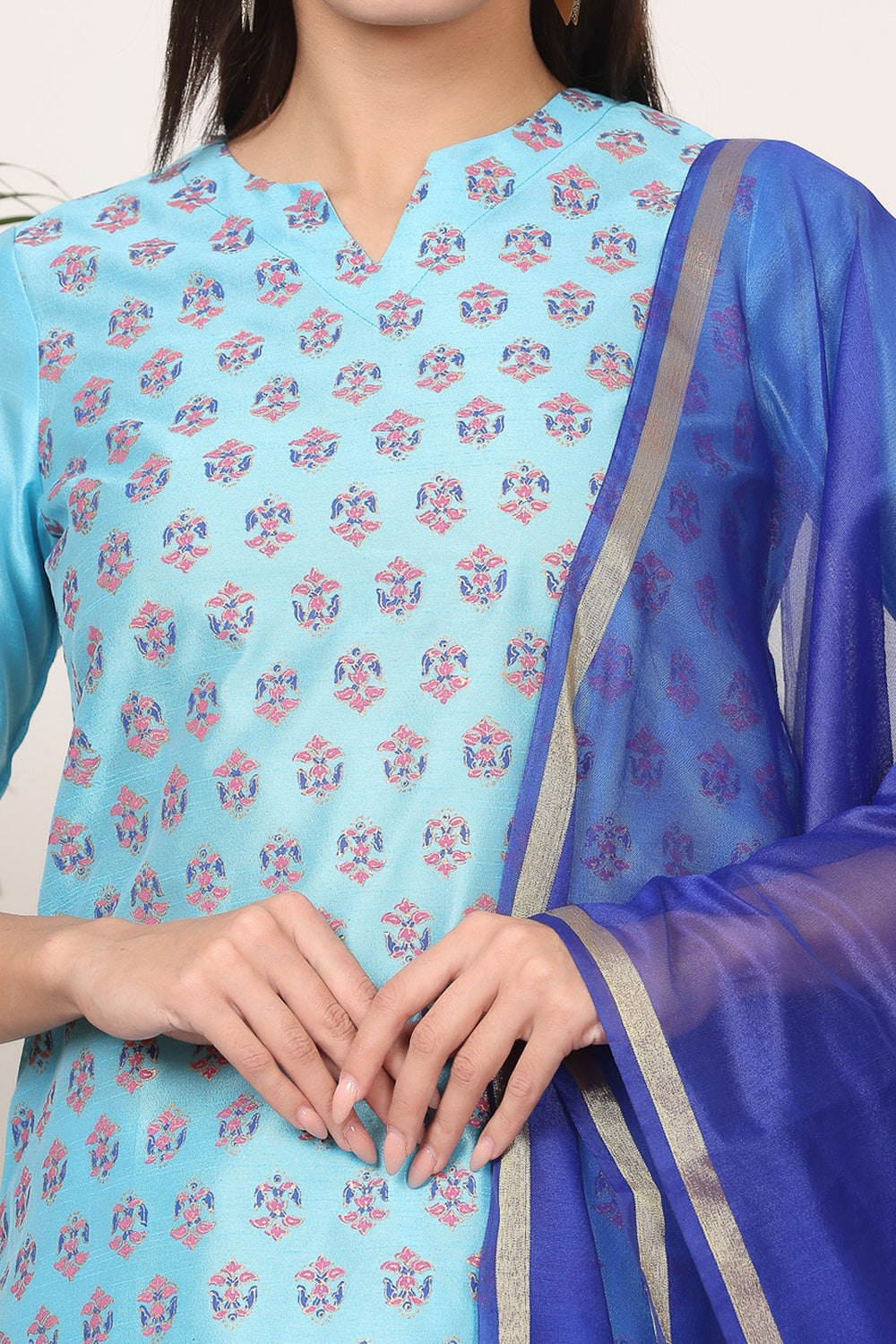 Turquoise Silk Kurta Set With Block Print