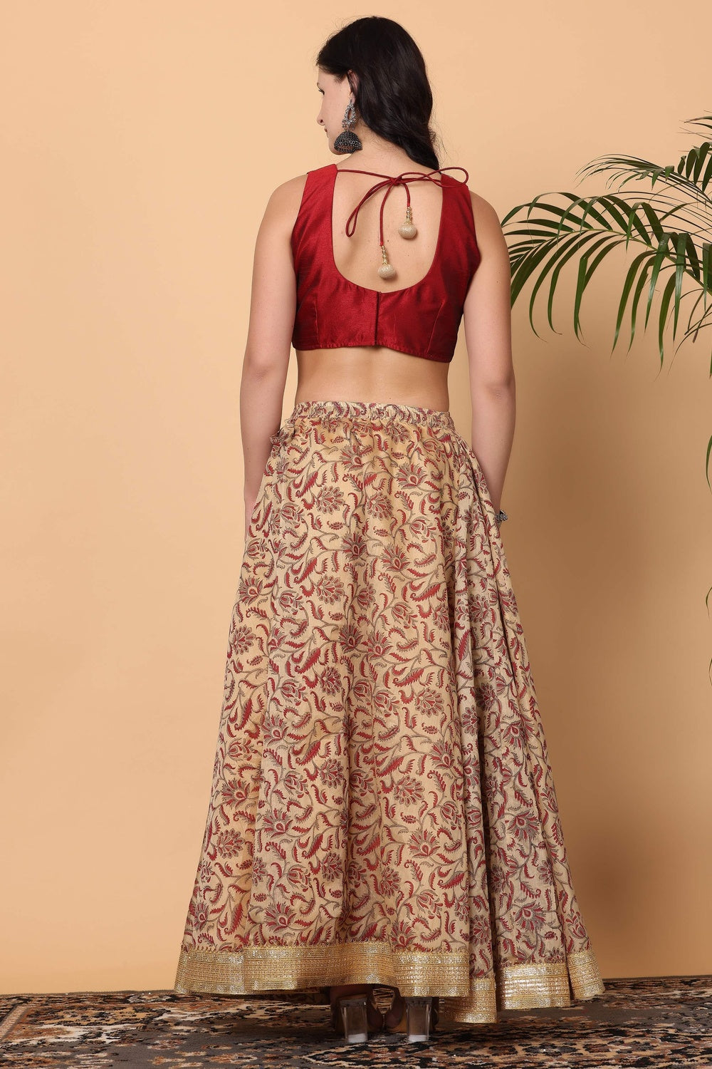 Maroon Silk Lehenga Set With Block Print