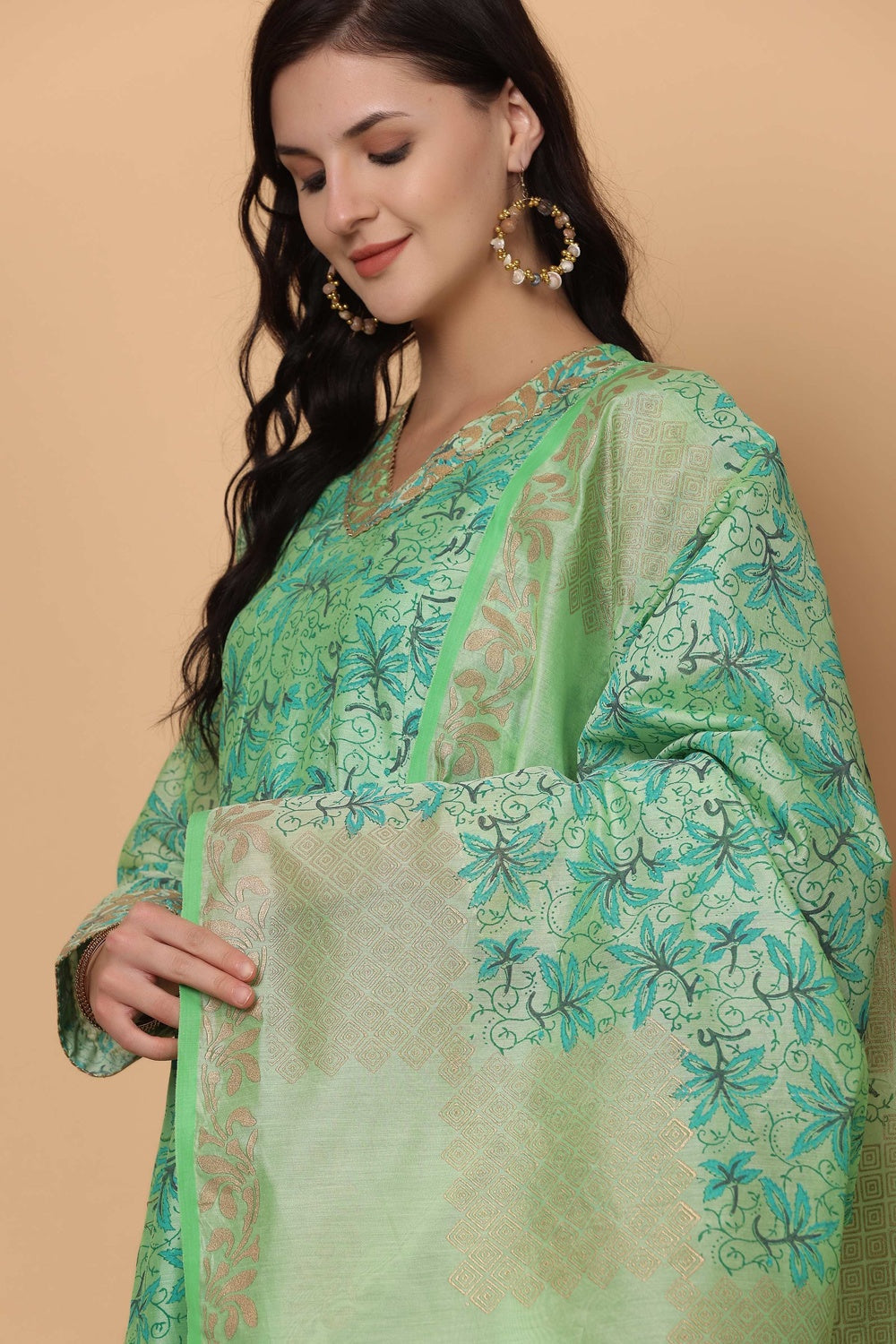 Green Chanderi Kurta Set With Block Print